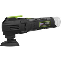 Black and green Sealey cordless multi-tool with ergonomic grip and oscillating head attachment.