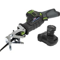 Black and green Sealey CP108VRS 10.8v cordless reciprocating saw with ergonomic grip and detachable battery.