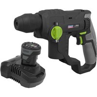 Black and gray Sealey cordless SDS Plus drill with green accents, detachable battery, and ergonomic grip.