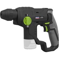 Black and gray Sealey cordless rotary hammer drill with green accents and ergonomic grip.