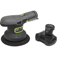 Gray Sealey cordless sander polisher with green accents, 150mm pad, and detachable battery pack.