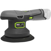 Gray and black Sealey dual action sander/polisher with ergonomic grip and green accents, Ø150mm, cordless design.