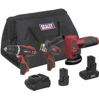 Sealey CP1200 12v cordless tool kit with red drill, grinder, polisher, two batteries, charger, and black carry bag.