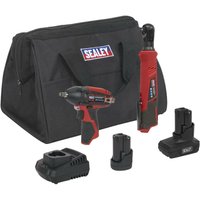 Sealey CP1200COMBO8 kit with red cordless drill, ratchet, two batteries, charger, and black carrying bag.