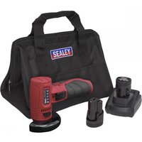 Red Sealey angle grinder with black grip, Ø75mm disc, two 12V batteries, charger, and black carrying bag.