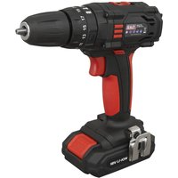 Black and red Sealey cordless combi drill with 18V lithium battery and adjustable torque settings.