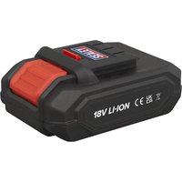 Black Sealey 18v cordless Li-ion battery with red latch and Sealey logo on top.