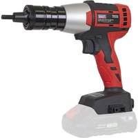 Red and black Sealey cordless nut riveter with a silver head and ergonomic grip, 20V brushless, body only.