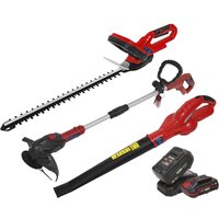 Red and black cordless hedge trimmer, grass trimmer, and leaf blower with battery and charger set.