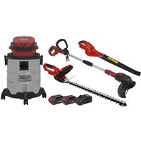 Red and black Sealey cordless garden tool kit with trimmer, blower, hedge cutter, vacuum, and two batteries.