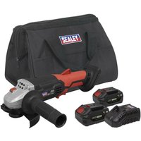 Sealey cordless angle grinder kit with red and black design, two batteries, charger, and black carrying bag.