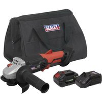 Sealey cordless angle grinder kit with red and black grinder, battery, charger, and black carrying bag.