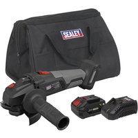 Sealey 20v cordless brushless angle grinder, black and red, with 115mm disc, battery, charger, and black carry bag.