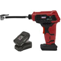 Red Sealey cordless air pump with black handle, flexible hose, and 20V battery charger.