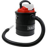 Black Sealey cordless ash vacuum cleaner with red lid, flexible hose, and 15L capacity.