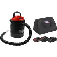 Black Sealey handheld ash vacuum cleaner with red lid, flexible hose, two batteries, charger, and carrying bag.