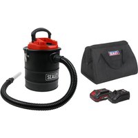 Black Sealey handheld ash vacuum with red lid, flexible hose, battery, charger, and branded carrying bag.