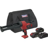 Red and black Sealey cordless caulking gun with two 20V batteries and a black carrying case.