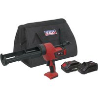 Red and black Sealey cordless caulking gun with 310ml tube, 20V battery, charger, and black carrying case.