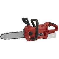 Red Sealey cordless chainsaw with 25cm blade, ergonomic handle, and black safety guard, part of the Sv20 series.