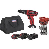 Red and black Sealey cordless drill and router kit with two batteries, charger, and black carrying bag.