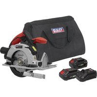 Sealey CP20VCS 20v cordless circular saw, red and black, with 150mm blade, two batteries, charger, and black carry bag.