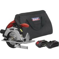 Sealey circular saw kit with black carry bag, red accents, battery, and charger, 150mm blade, 20V 2Ah Sv20 Series.