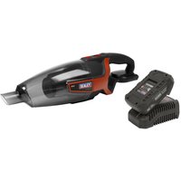 Sealey cordless handheld vacuum, black and orange, with 650ml capacity and 20V battery charger included.