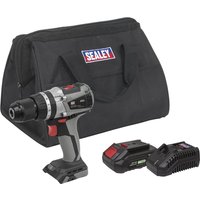 Sealey 20v cordless brushless combi drill in black and grey with red accents, includes battery, charger, and black carry bag.
