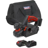 Sealey cordless planer with red accents, 20V battery, charger, and black carrying bag.