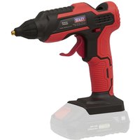 Red and black Sealey cordless glue gun with ergonomic grip and gold nozzle.