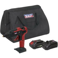 Sealey cordless glue gun kit with red and black gun, 20V battery, charger, and black carrying bag.