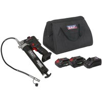 Black Sealey 20V grease gun with two batteries, charger, and a black carrying case.