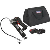 Sealey 20V grease gun kit with black cordless gun, flexible hose, 2Ah battery, charger, and branded carrying case.