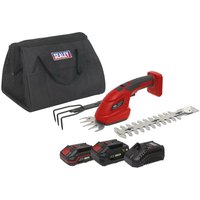 Red and black Sealey cordless garden tool kit with interchangeable heads, two 20V batteries, and a black carrying bag.
