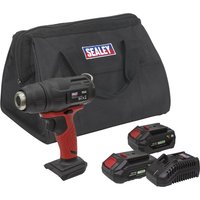 Sealey CP20VHG 20v cordless hot air heat gun, red and black, with two batteries, charger, and black carrying case.