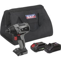 Sealey 20v cordless impact driver, black and gray, with red accents, includes battery, charger, and black carrying bag.