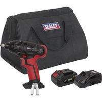 Black and red Sealey cordless impact wrench with 20V battery, charger, and black carrying bag.