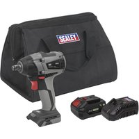 Sealey 20v cordless brushless impact wrench, gray with red accents, includes battery, charger, and black carry bag.