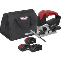 Red and black Sealey 20v cordless jigsaw with two batteries, charger, and black carrying bag.