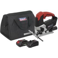 Sealey cordless jigsaw with red and black handle, 20V battery, charger, and black carrying bag.
