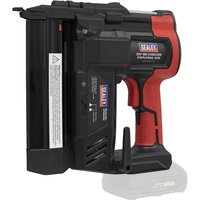 Black and red Sealey 20v cordless nail and staple gun with ergonomic grip and magazine for nails and staples.