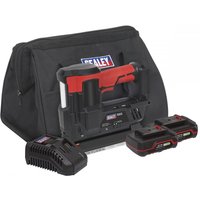Sealey cordless staple/nail gun kit with red and black tool, two batteries, charger, and black carrying bag.