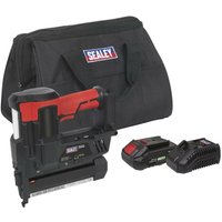Sealey cordless nail/staple gun 18G 20V with red accents, lithium battery, charger, and black carrying case.