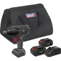 Black and red Sealey cordless impact wrench with brushless motor, two batteries, charger, and branded carrying bag.