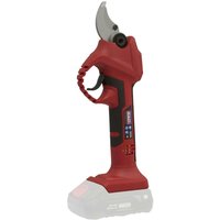 Red and black Sealey cordless pruning shears with ergonomic handle and sharp curved blade, part of the Sv20 Series.