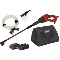Red and black Sealey cordless pressure washer with hose, nozzle, foam bottle, battery, charger, and black carry bag.