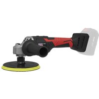Red and black Sealey 20v cordless rotary polisher with 150mm disc and ergonomic handle.