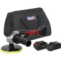 Sealey cordless rotary polisher with red and black handle, Ø150mm pad, 20V battery, charger, and branded carry bag.