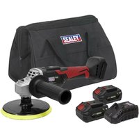 Sealey cordless rotary polisher kit with red and black handle, two 20V batteries, charger, and black carrying bag.